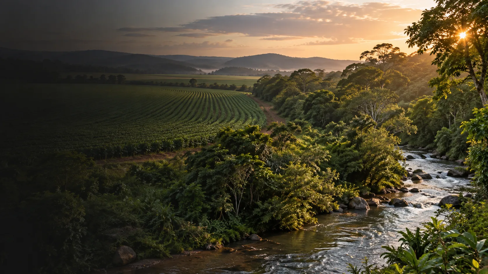 Lavoura próxima a mata preservada e curso de água