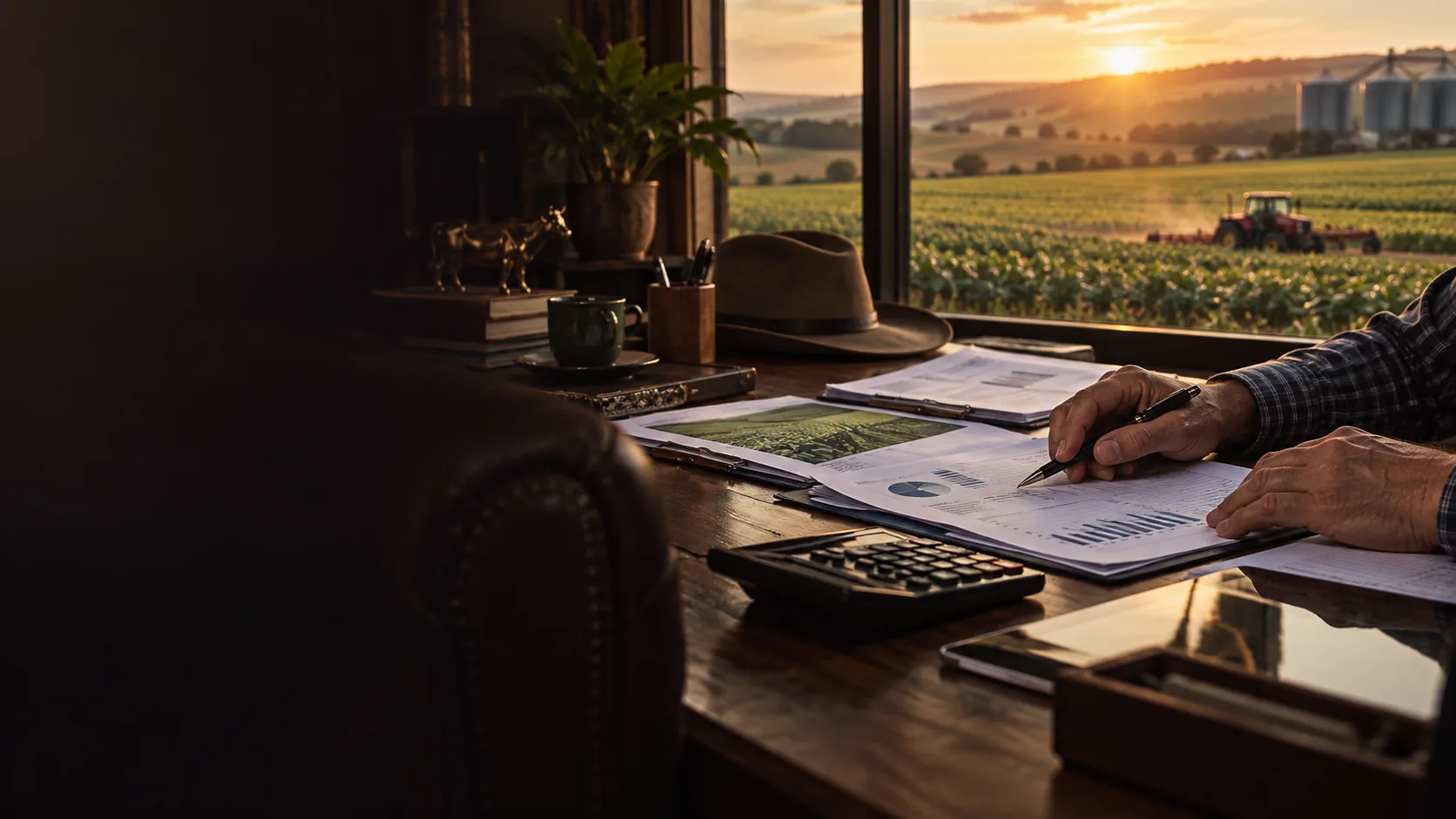 Documentos de financiamento rural sobre mesa com lavoura ao fundo