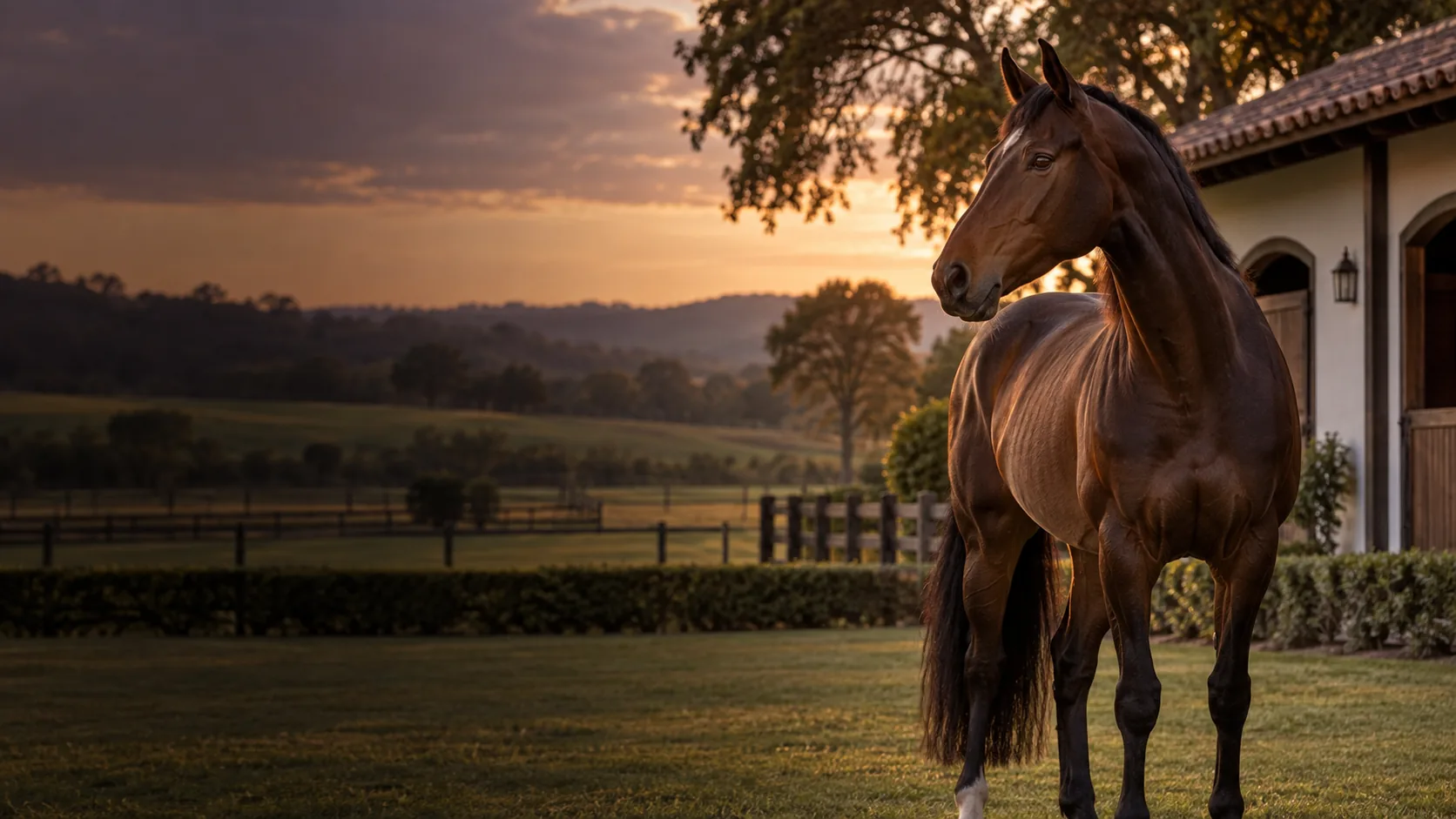 Cavalo em haras ao entardecer
