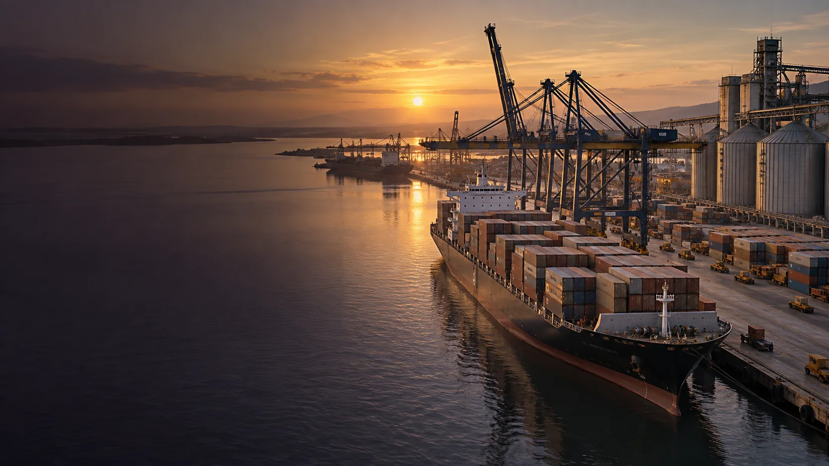 Navio de cargas em terminal portuário ao amanhecer