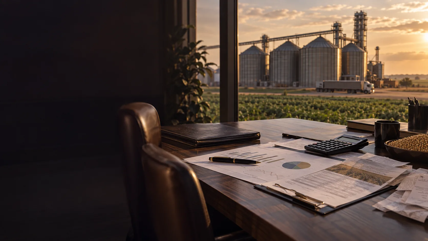 Planejamento financeiro com silos de grãos ao fundo