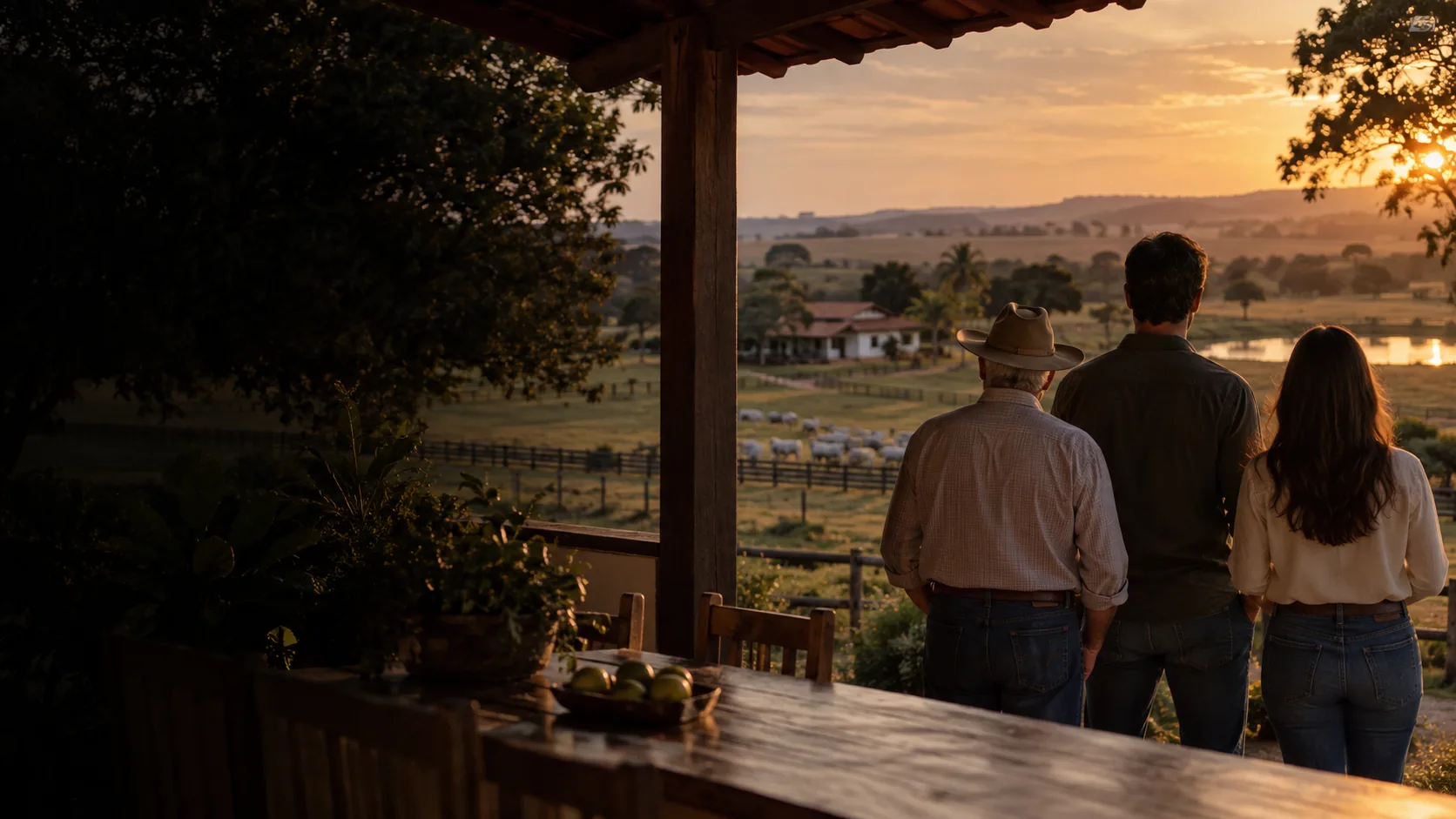 Três gerações de uma família observam sua propriedade rural