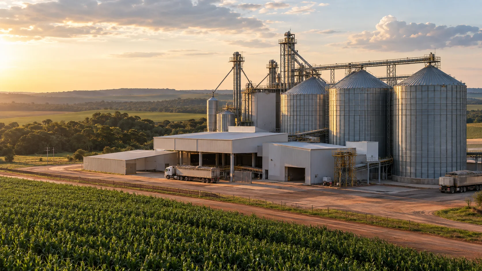Unidade de processamento e armazenamento de grãos com silos junto a uma lavoura