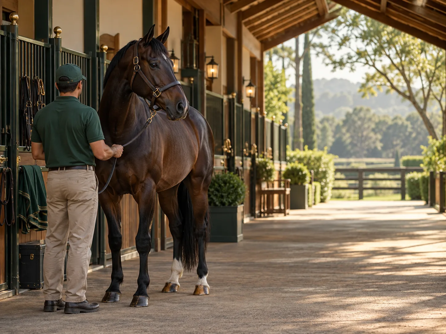 Cavalo acompanhado em um haras